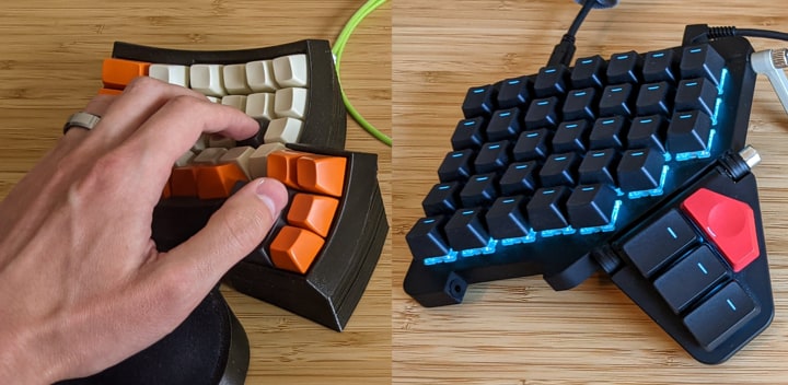 Left hand on a couple keyboards with thumb key clusters. Left: Dactyl Ergodox. Right: ZSA Moonlander.